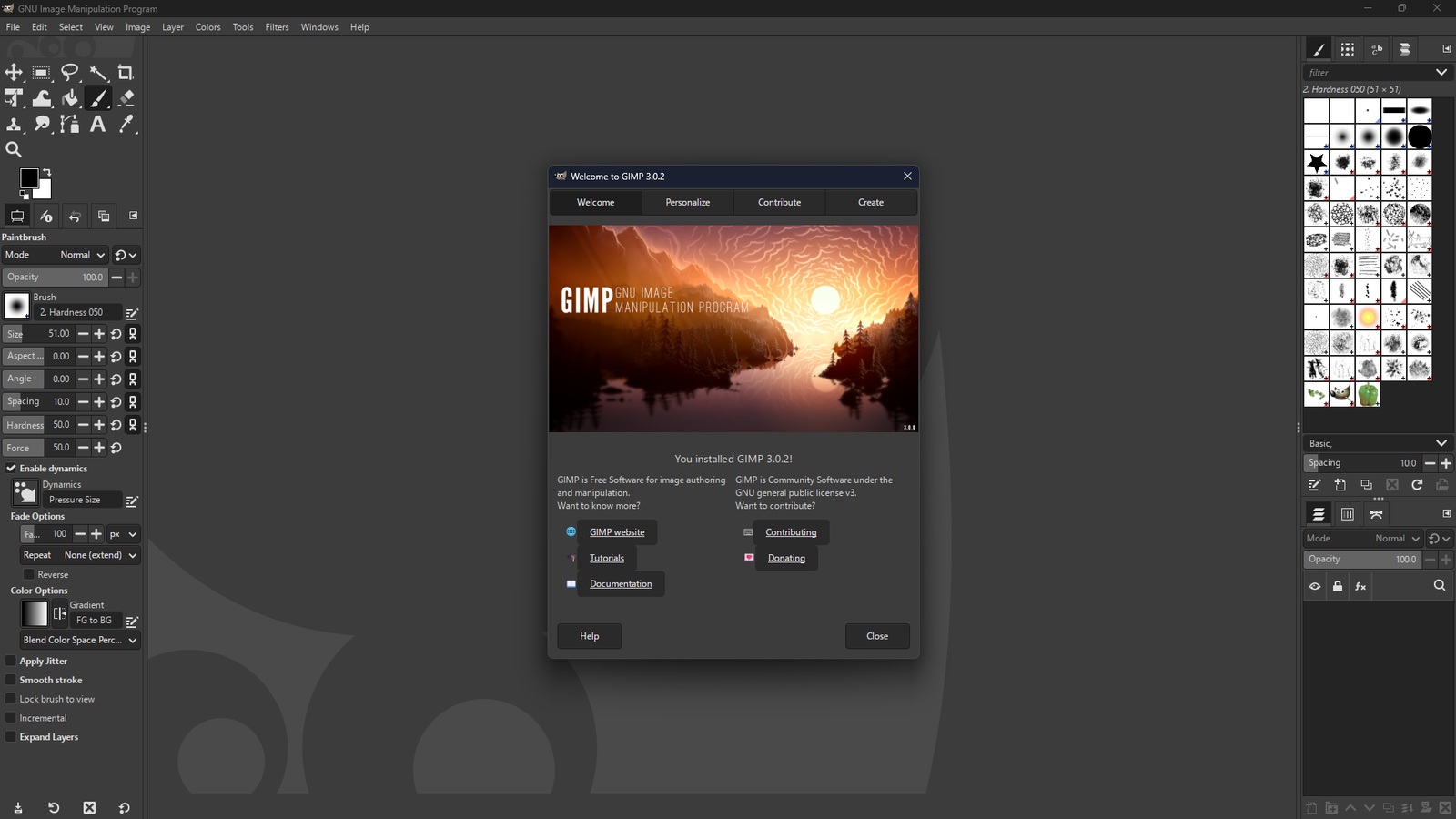 GIMP Windows First Exécuter l'écran de démarrage Affichage des options Menu