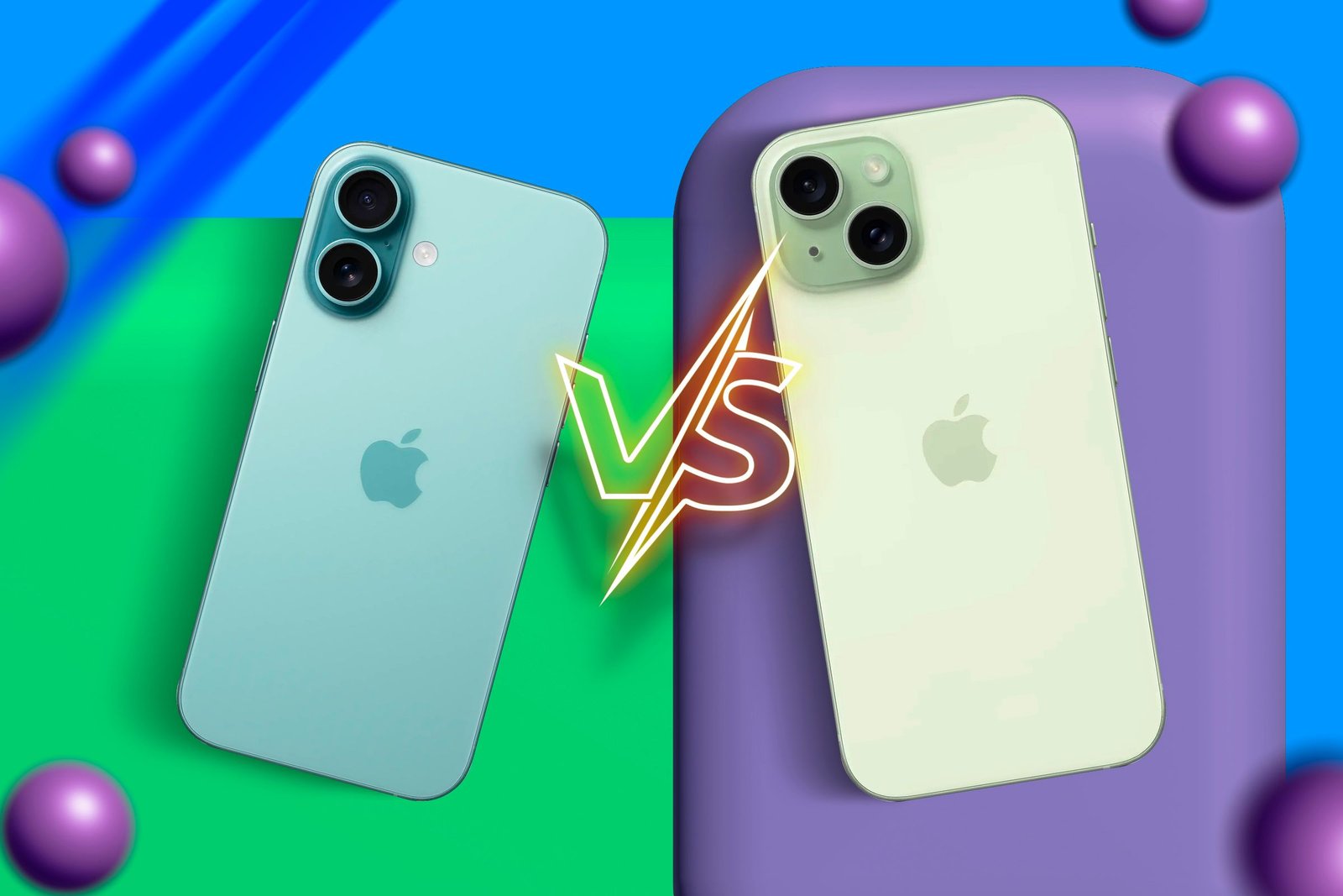 iPhone 15 en Ultramarine et iPhone 15 en couleur verte avec un symbole versus entre les deux.