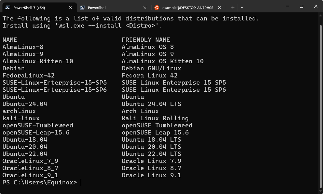 Une liste de distributions nativement disponibles dans WSL2. 