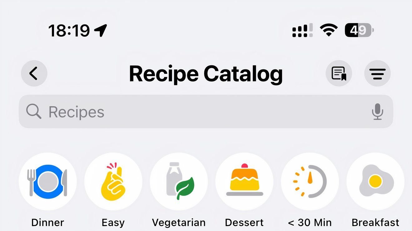L'application d'actualités de l'iPhone affichant diverses icônes de vaisselle dans le catalogue de recettes dans la section alimentaire.