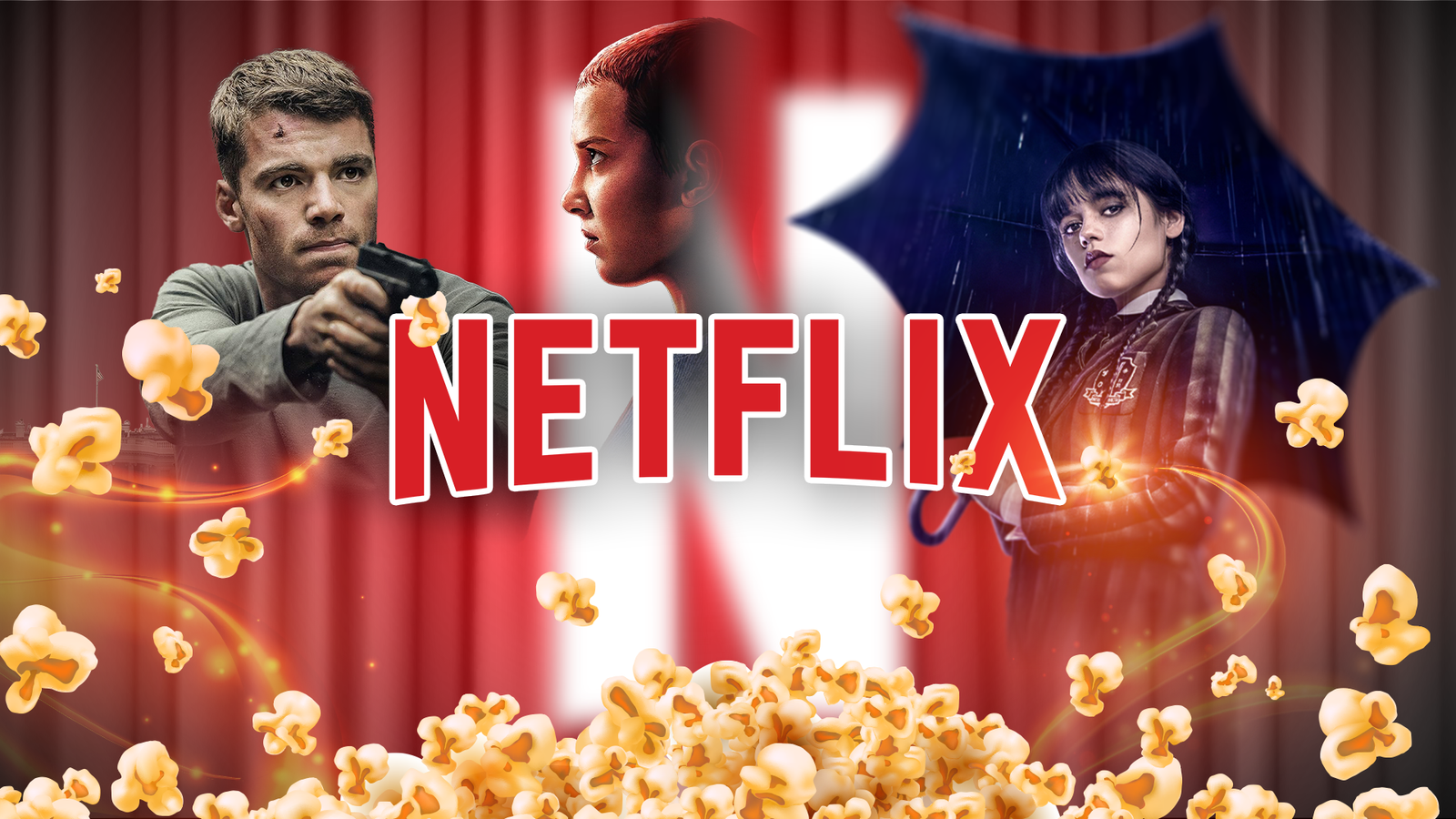 Logo Netflix entouré de pop-corn dispersé et de personnages de la série populaire Netflix en arrière-plan.