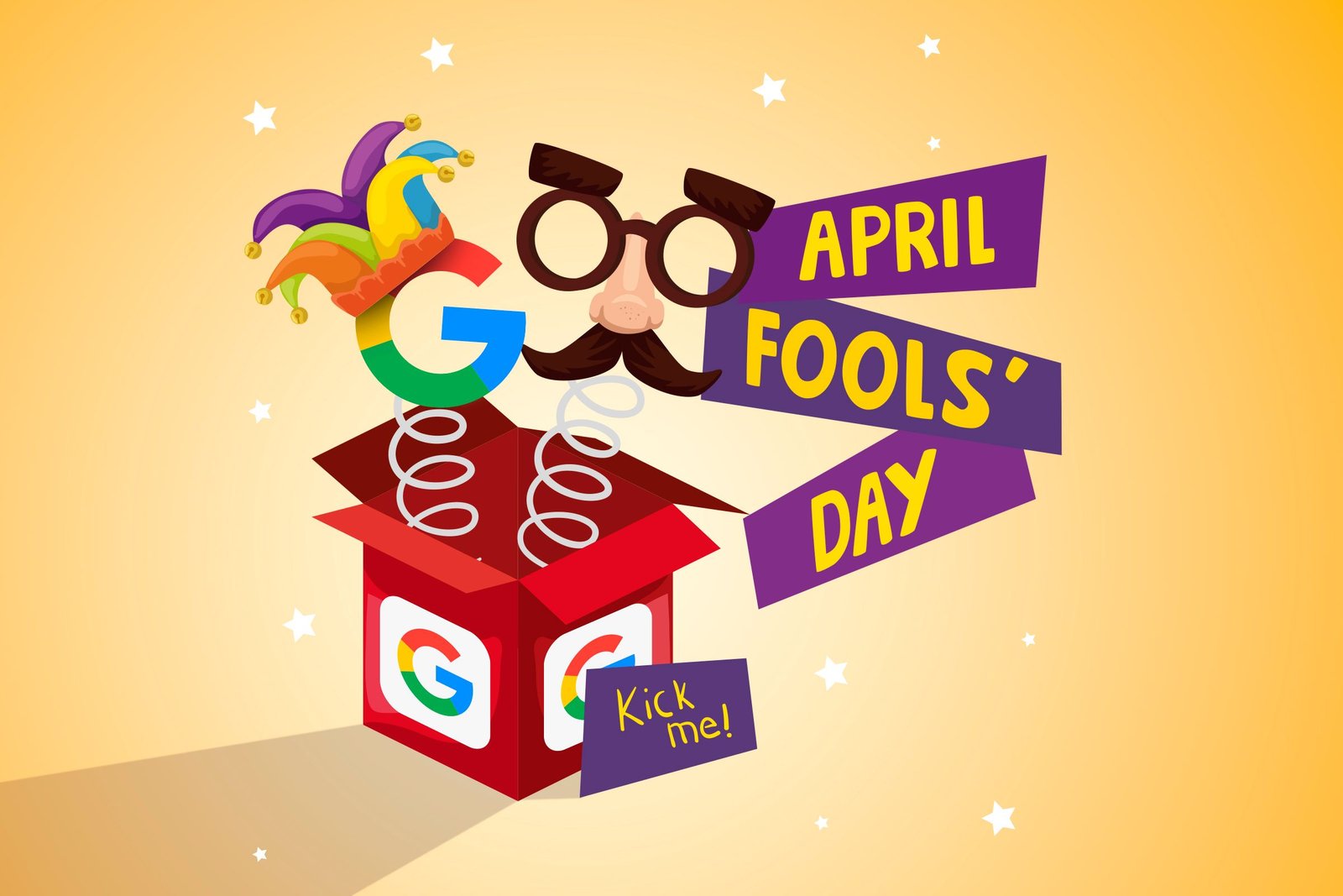 Une boîte surprise rouge avec l'icône Google et les mots «April Fools Day» et «Kick Me!».