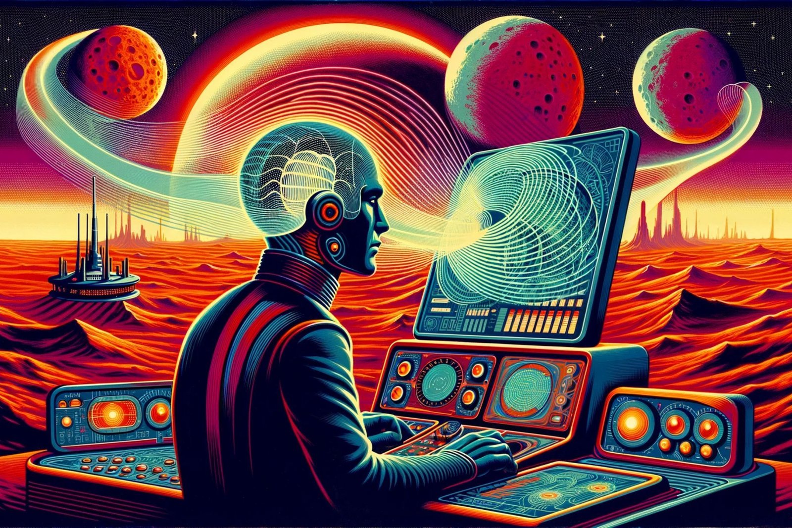 AI Art représentant un homme qui fait un code informatique sur Mars