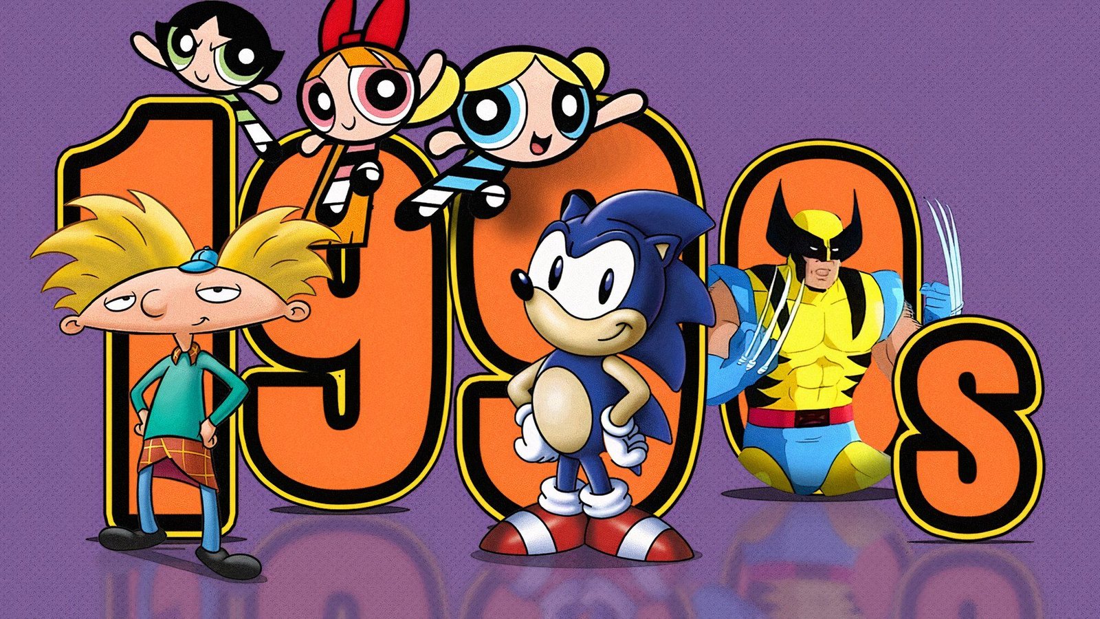 Quelques personnages emblématiques des dessins animés classiques des années 90 positionnés devant le texte des «années 1990».