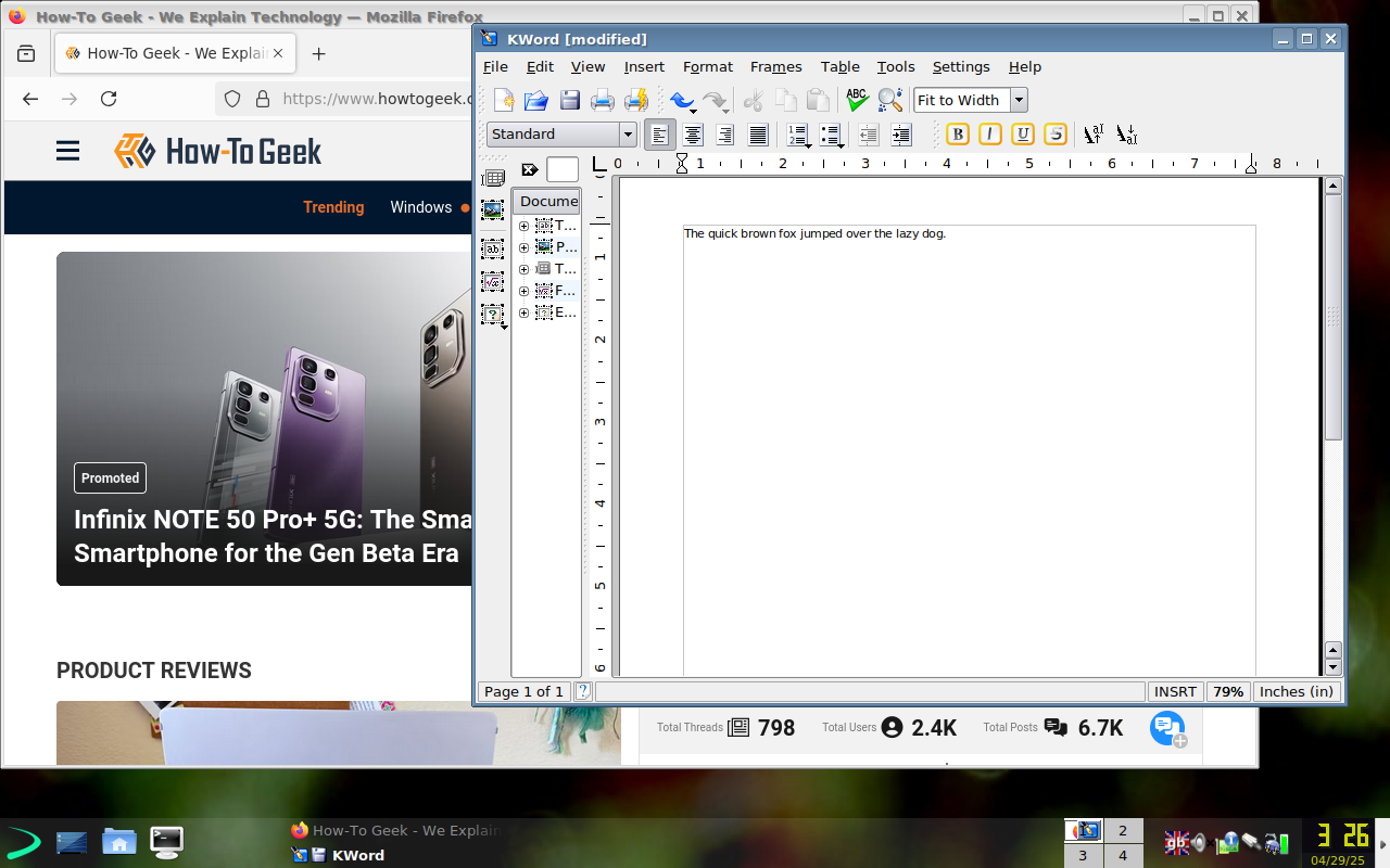EXE avec Firefox et KWord fonctionnant sur le bureau Trinity.