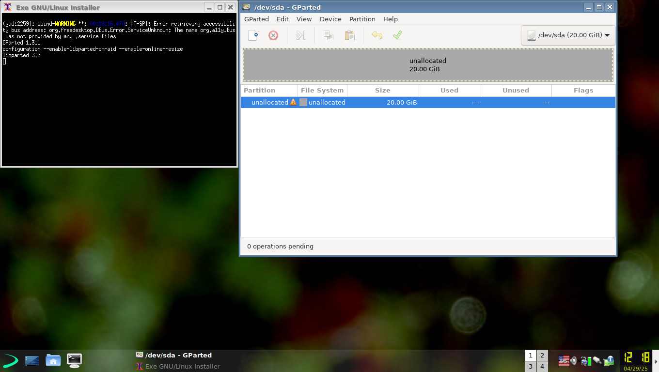 Menu EXE GPARTED dans le cadre du processus d'installation.