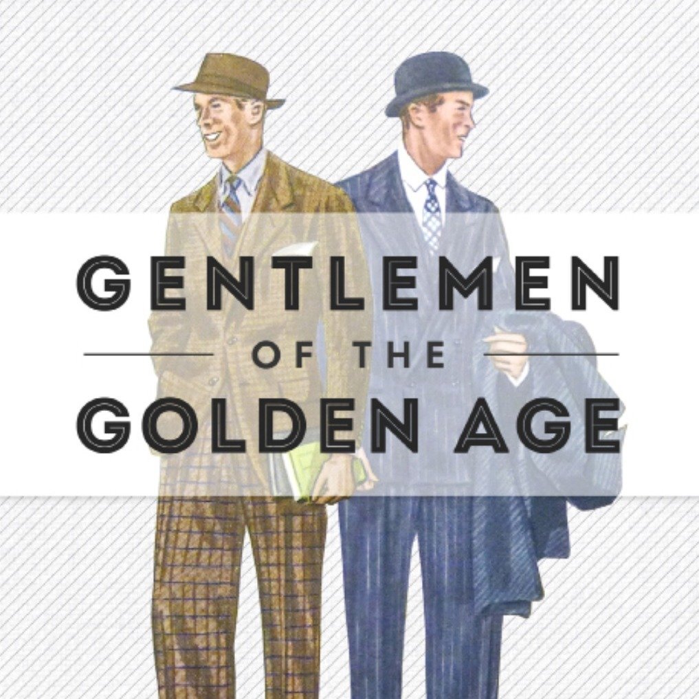 Messieurs de l'âge d'or de l'âge d'or carré carré carré Illustration de la mode de deux hommes en costume. Le texte lit, "Messieurs de l'âge d'or"