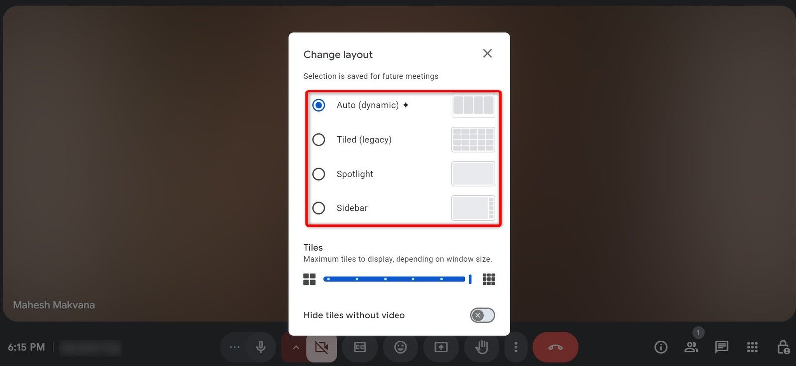Options de mise en page mises en évidence sur Google Meet.