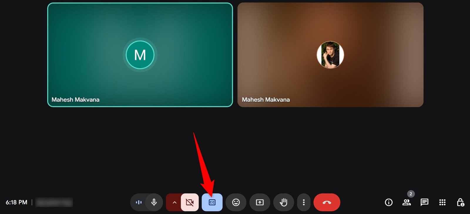 L'icône CC a souligné sur Google Meet.