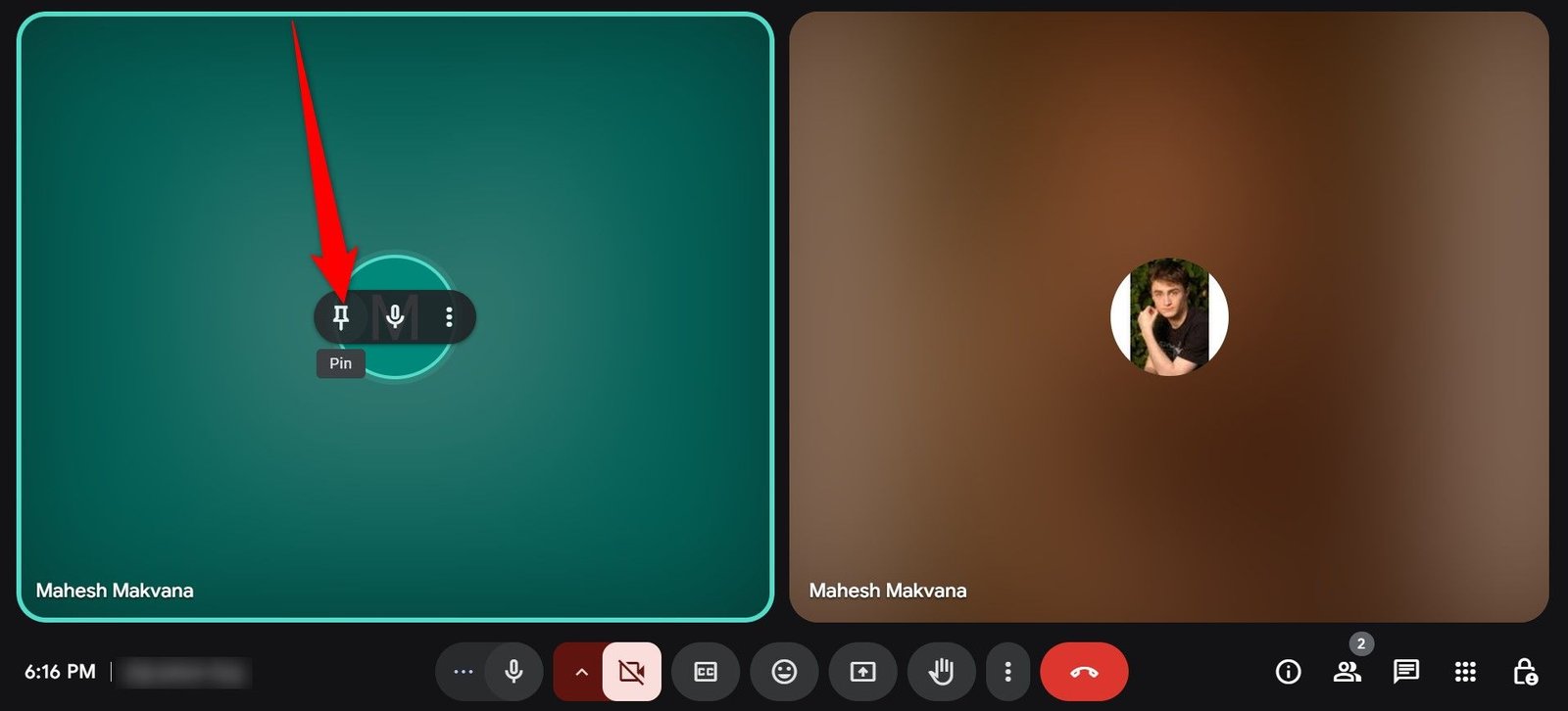 "Épingle" mis en évidence pour un haut-parleur sur Google Meet.