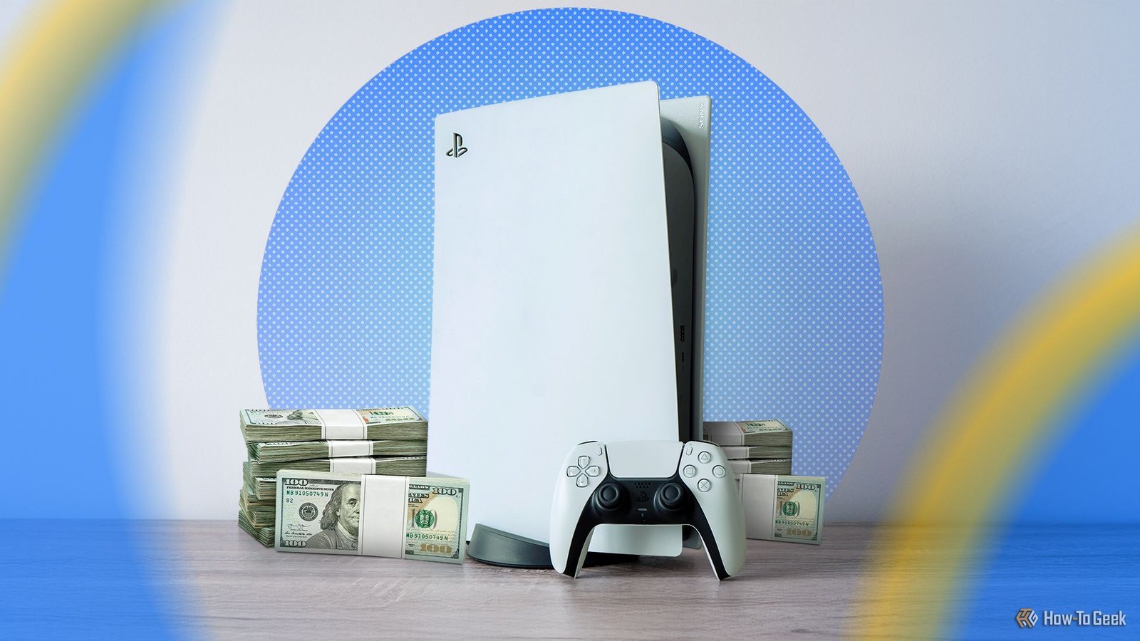 Une PlayStation 5 avec une pile d'argent à côté.