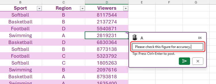 Un commentaire ajouté à une cellule de Microsoft Excel.