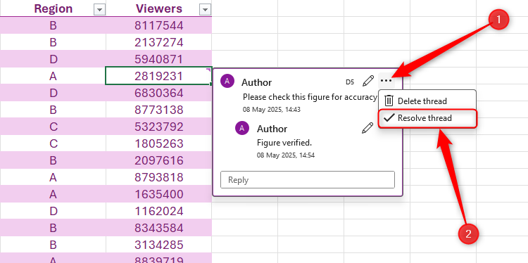 Le bouton de thread de résolution sur un thread de commentaire dans Excel est sélectionné.