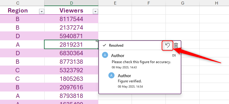 Le bouton de réouverture du thread sur un commentaire dans Microsoft Excel.