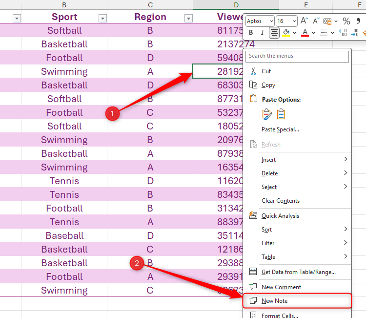 Le menu avec le bouton droit sur une cellule dans Excel est élargi et une nouvelle note est sélectionnée.