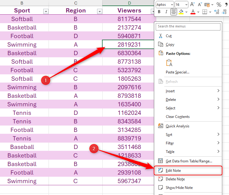 Le bouton Modifier la note dans le menu à clic droit d'une cellule contenant une note dans Excel est sélectionné.