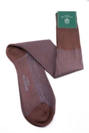 Chaussettes côtelées à rayures d'ombre marron clair et bleu Fil d'Ecosse Coton
