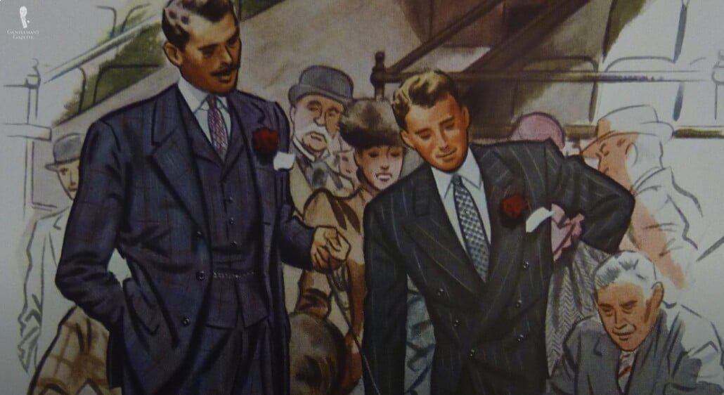 Histoire de l'histoire de la mode masculine Illustration de deux hommes dans les combinaisons de double poitrine des années 1930