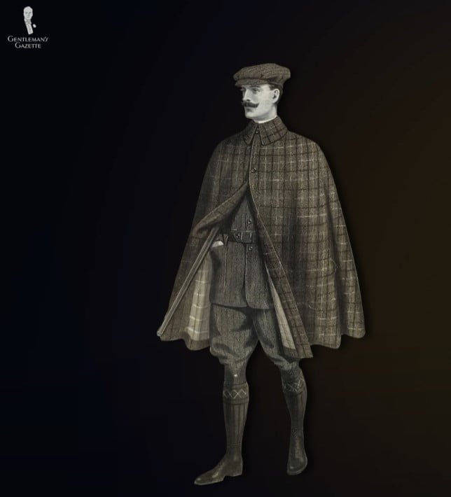 Tenue country du cap sportif edwardian Gentleman édouardien à Tweed Cape et Knickerbockers - Robe de campagne typique défiant les règles de la ville.