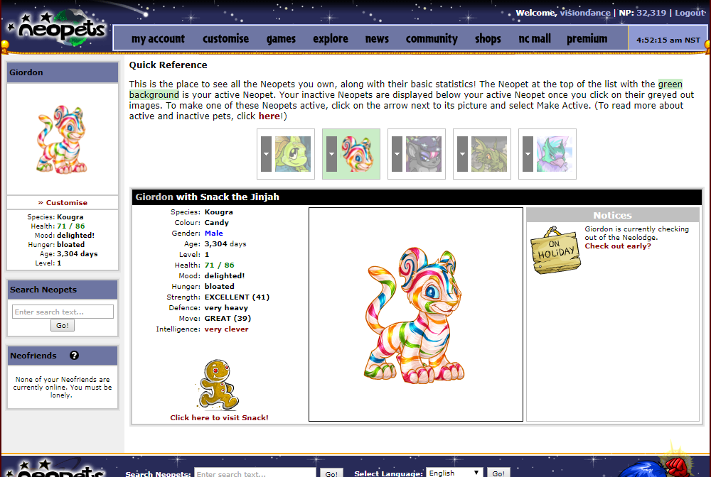 La page d'état Neopets montrant l'état des animaux de compagnie du joueur.