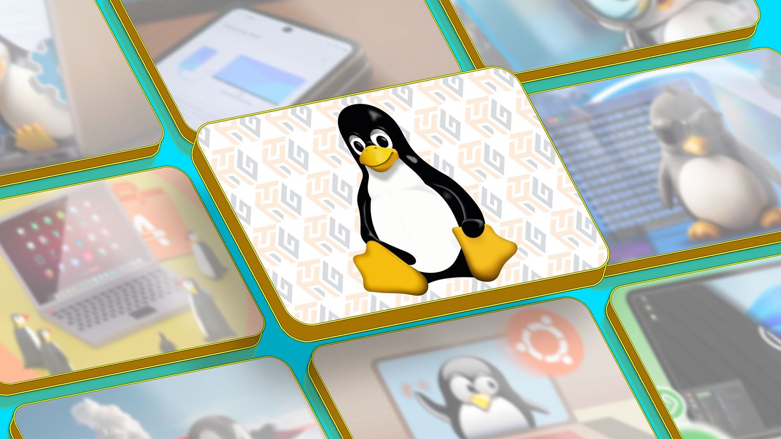 Linux Mascot au centre de l'écran avec quelques images d'articles en vedette à côté.