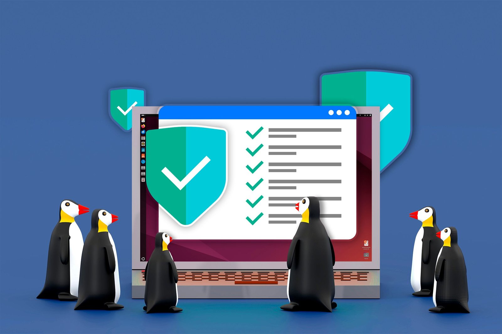 Illustration d'un ordinateur portable avec plusieurs pingouins regardant une fenêtre montrant un bouclier et 6 étapes terminées.