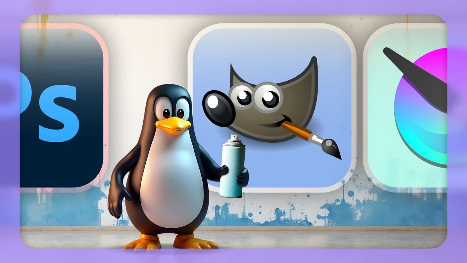 La mascotte Linux tenant une boîte de pulvérisation, le logo Photoshop à gauche et le logo GIMP à droite.