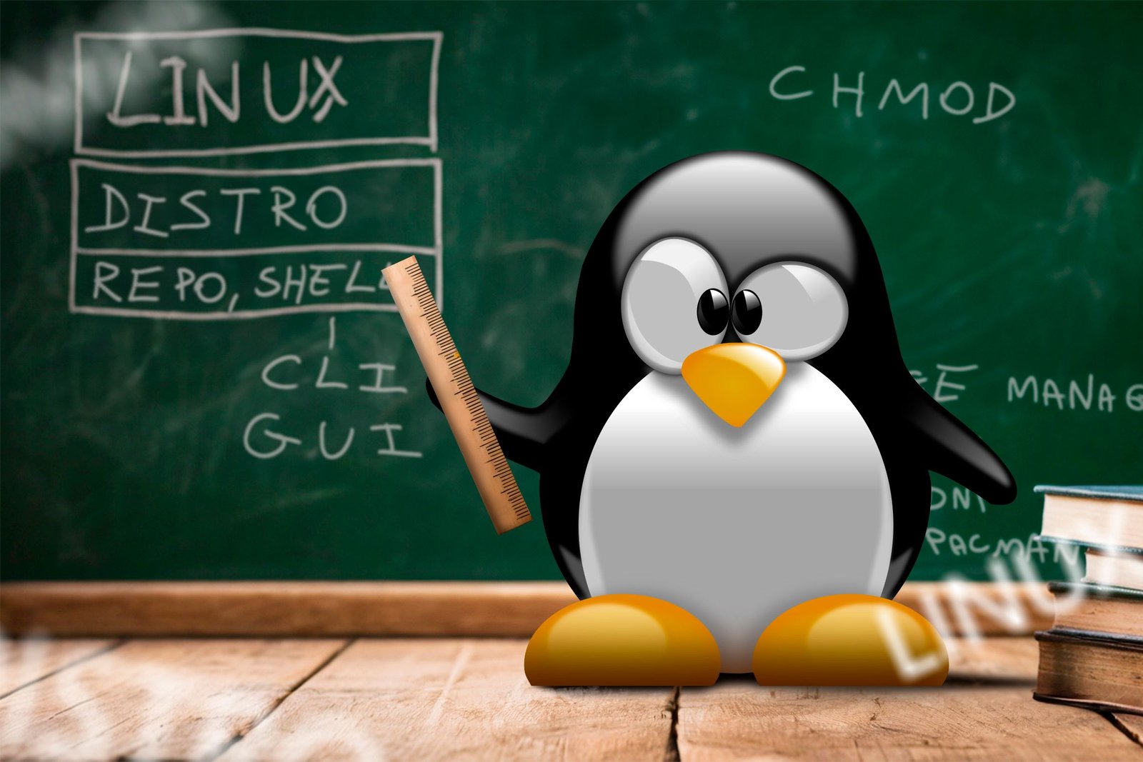 Mascotte Linux devant un tableau noir enseignant certains termes Linux.