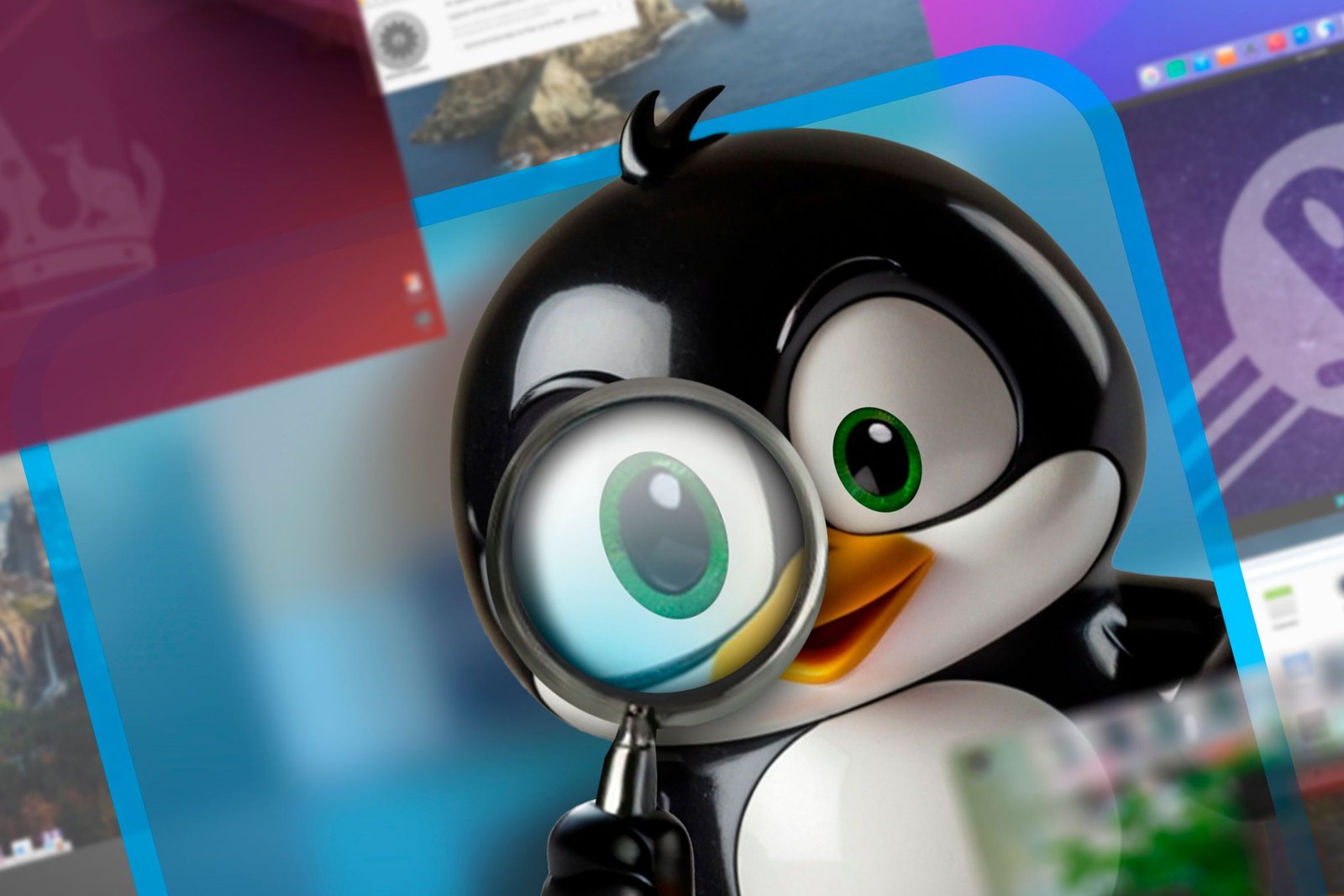 Mascotte Linux avec une loupe.