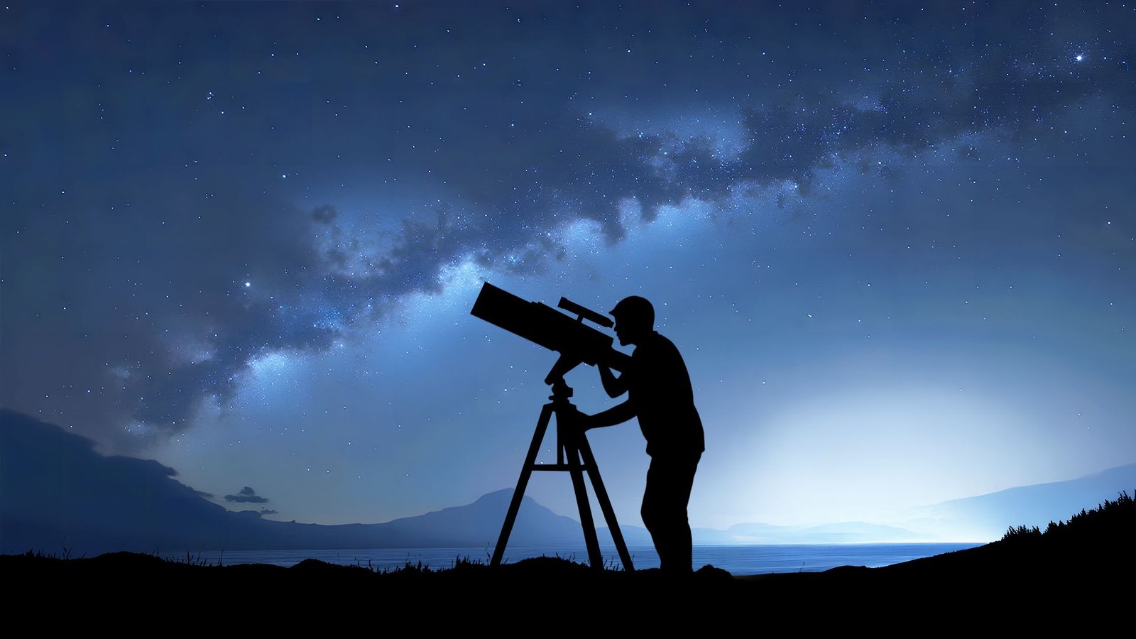 Silhouette d'une personne qui fait obstacle à un télescope.