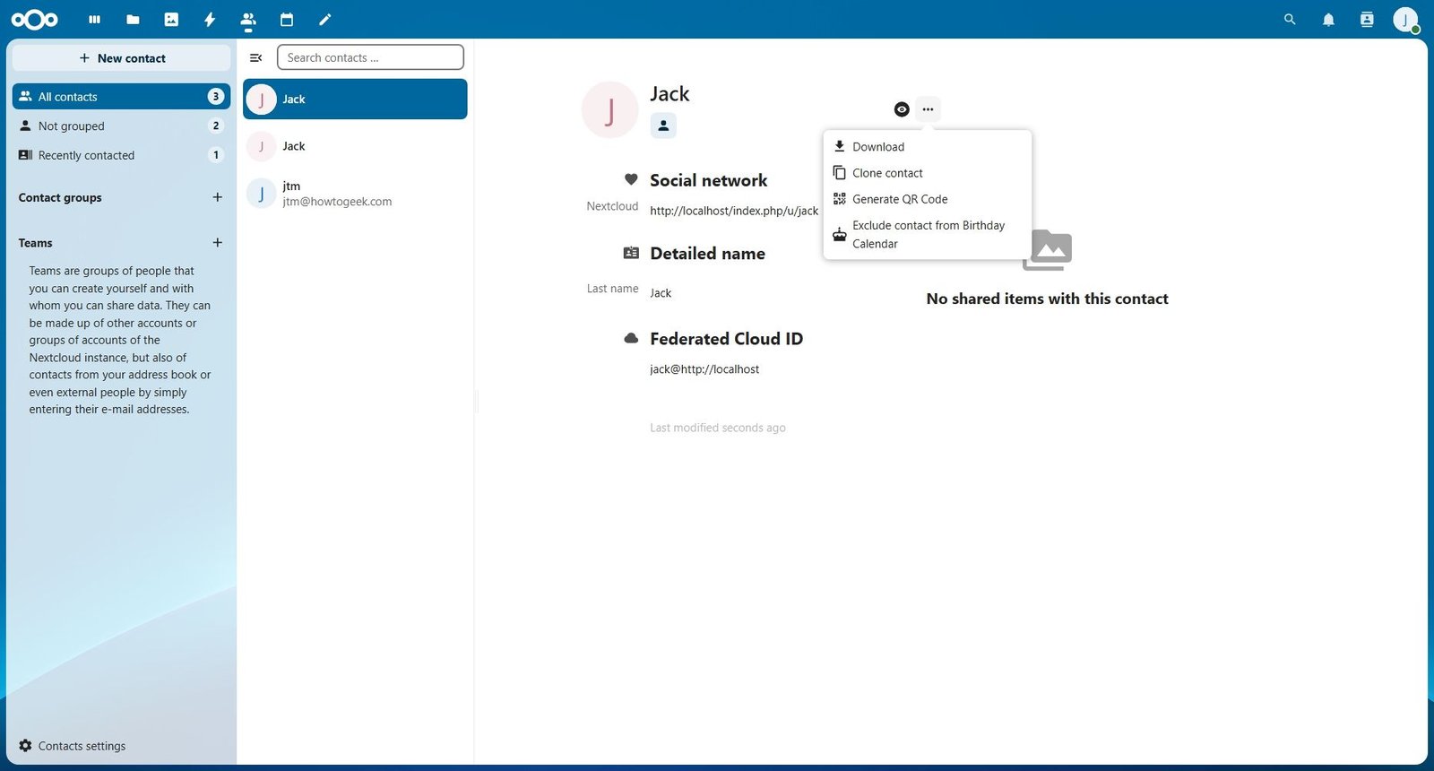NextCloud contacte l'écran individuel