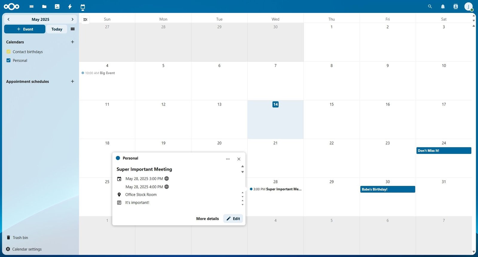 Écran du calendrier NextCloud