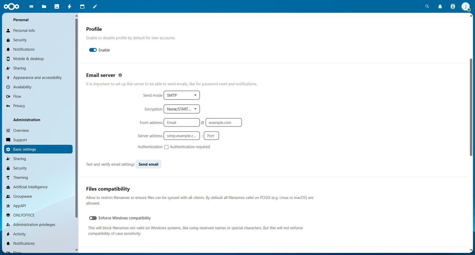 Paramètres NextCloud affichant la configuration des e-mails