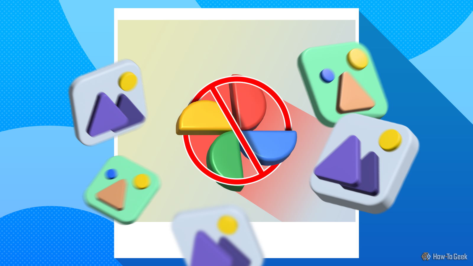Le logo de Google Photos s'est déroulé avec des vignettes d'image autour de lui.