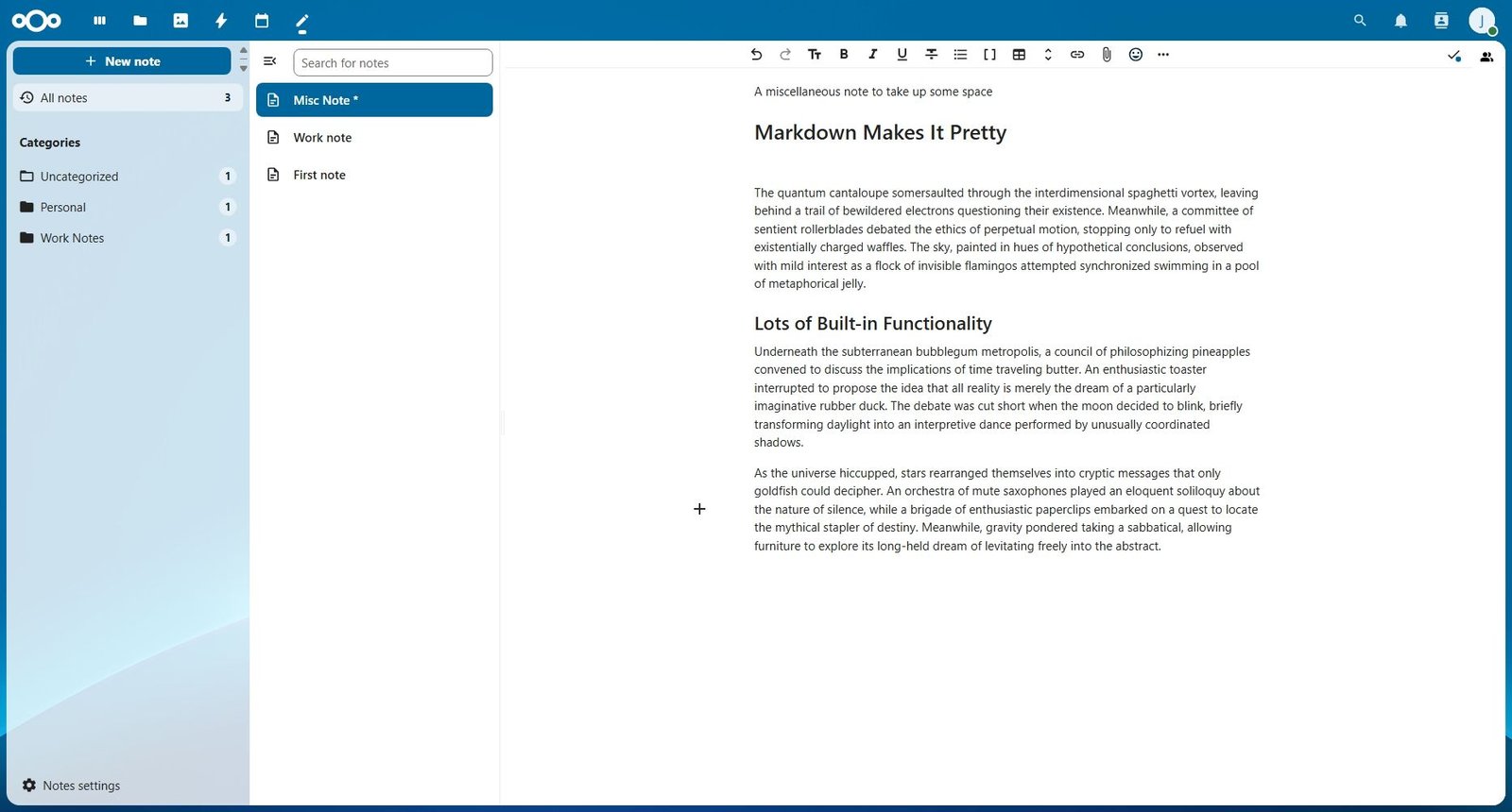 NextCloud Note Écran principal avec note Affichage