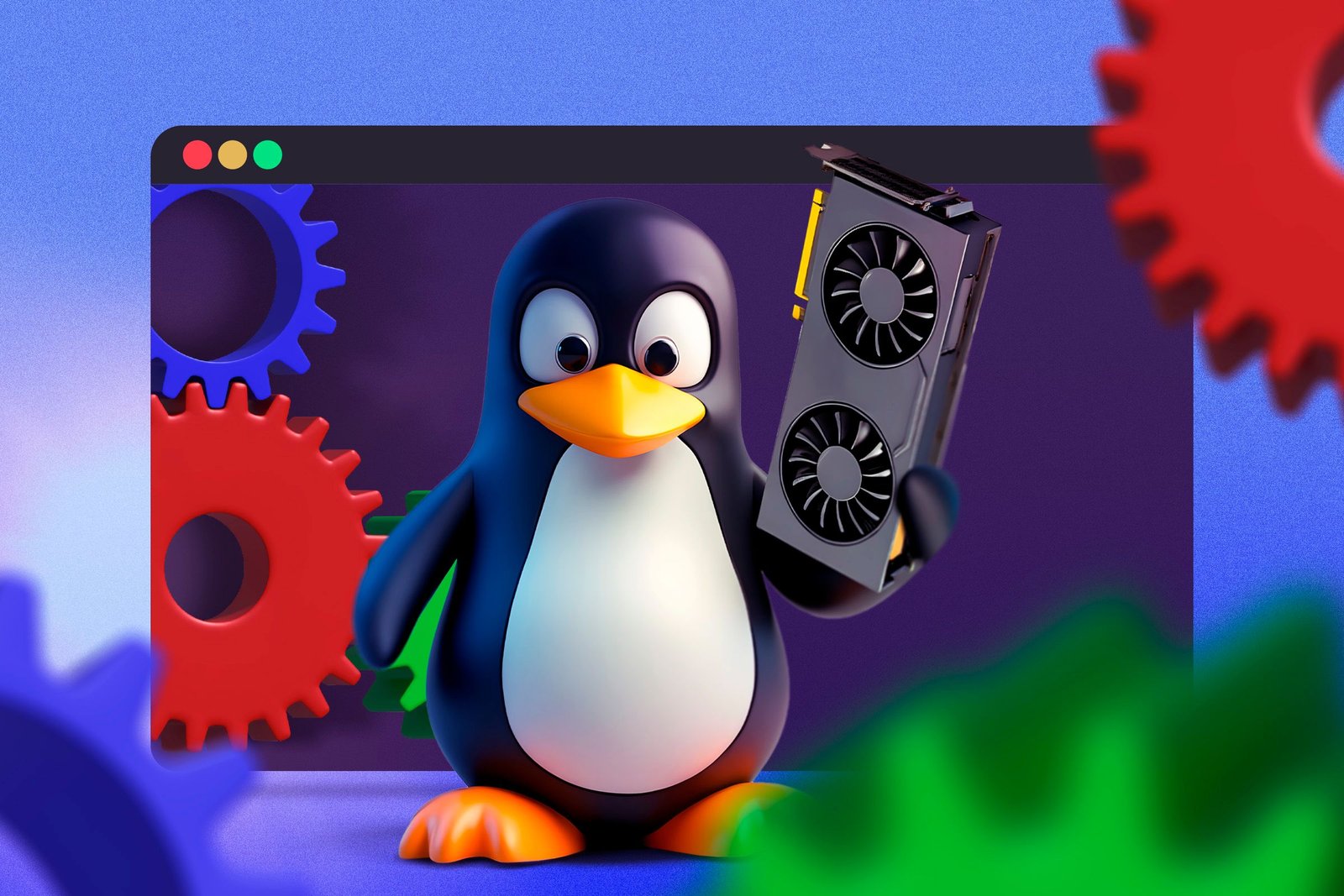 La mascotte Linux tenant un GPU avec quelques engrenages en arrière-plan.