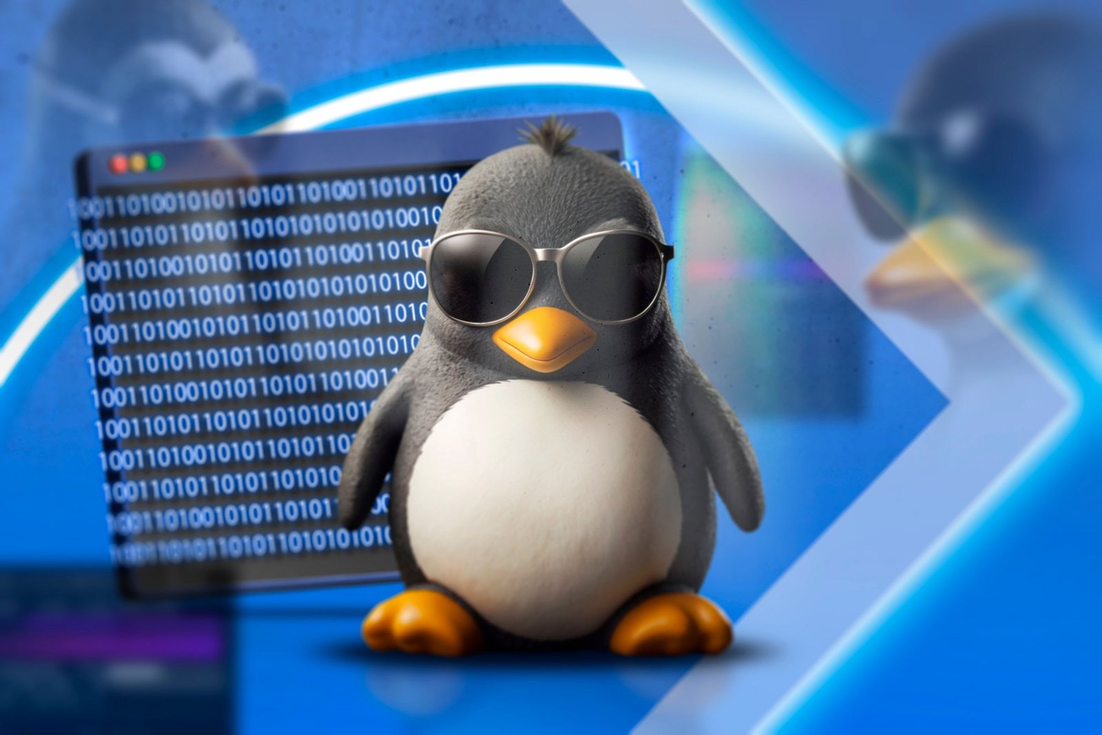 La mascotte Linux portant des lunettes de soleil avec un terminal en arrière-plan.