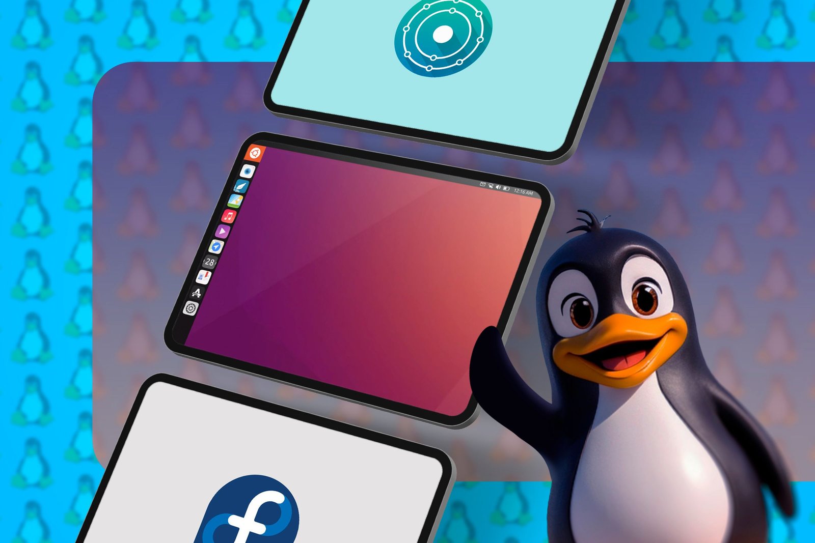 Quelques comprimés avec Linux et la mascotte Linux agitant.
