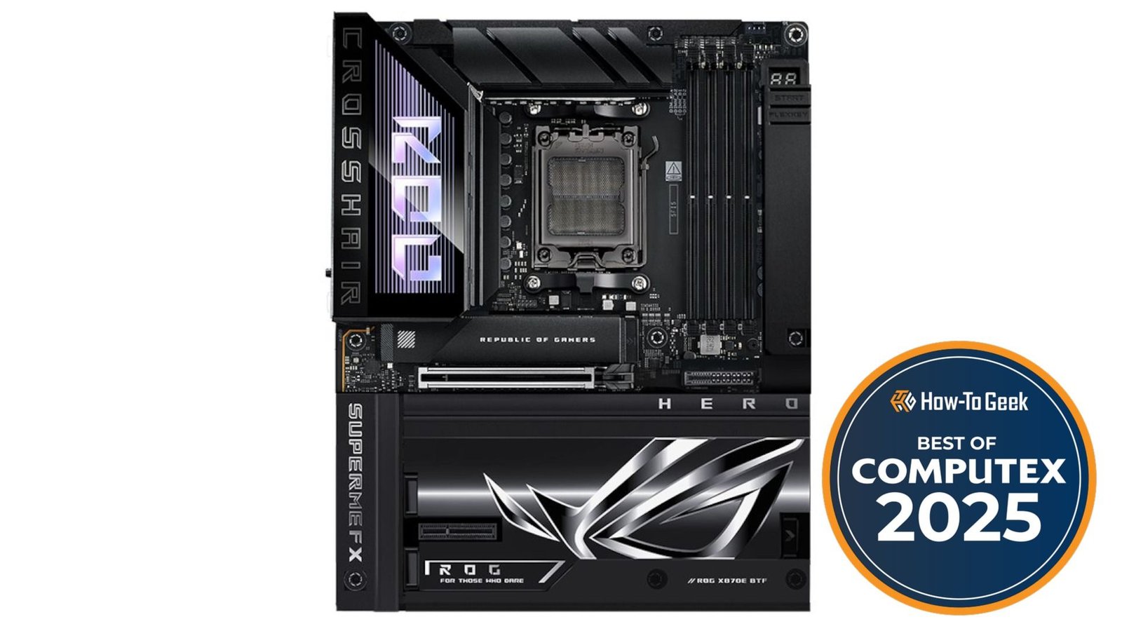 Rog Crosshair x870e Hero BTF Braveur mère sur fond blanc.