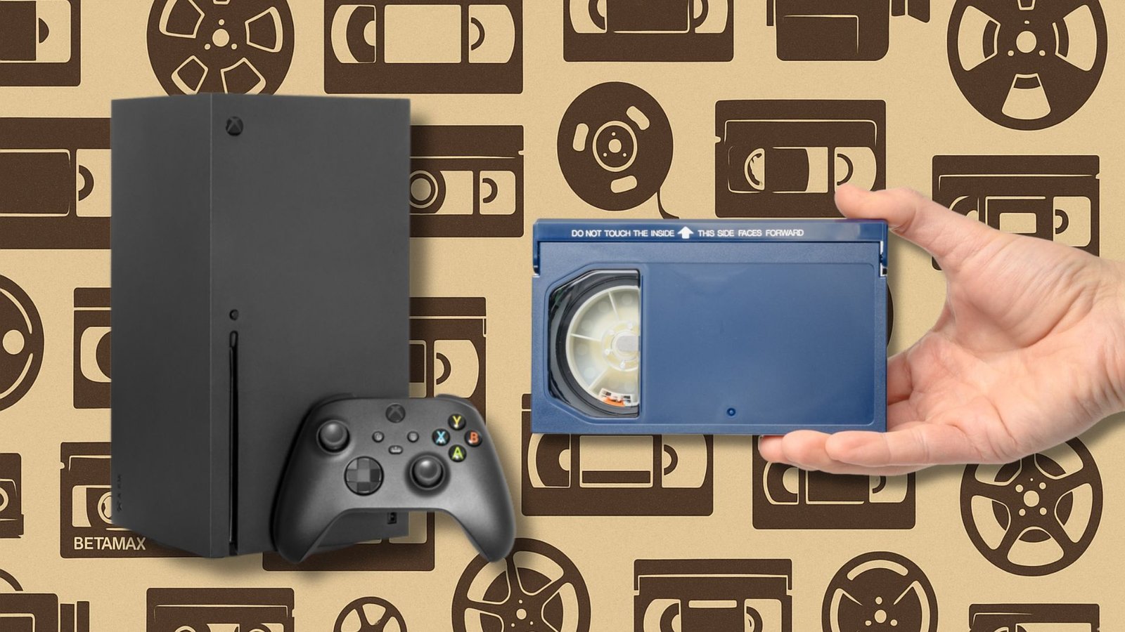 Une bande Xbox Series X et Betamax sur un support vintage.