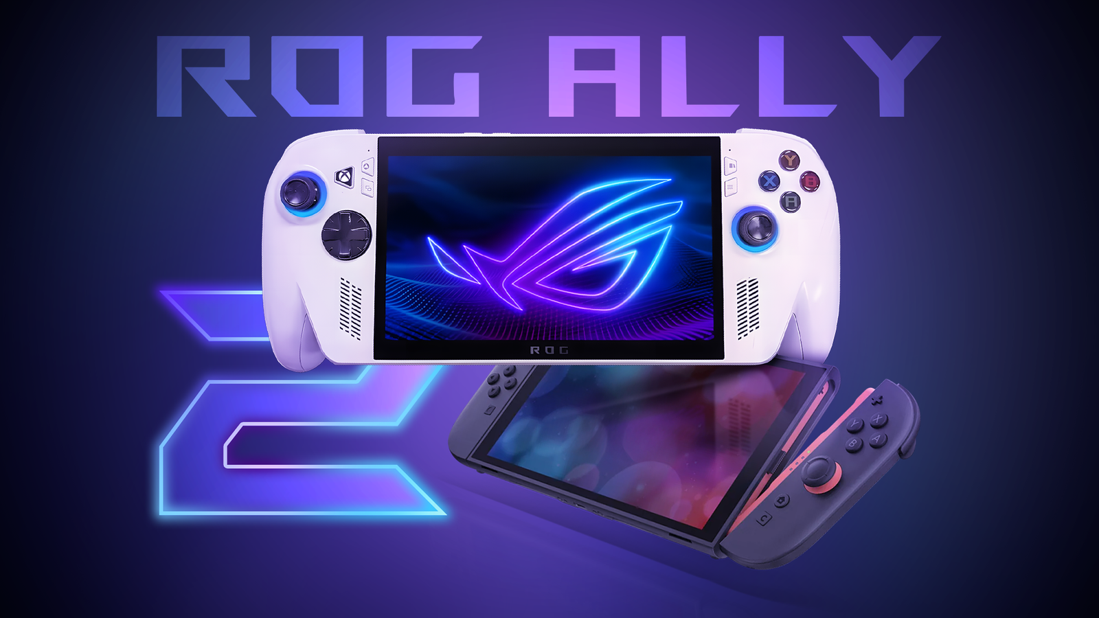 Un allié ROG 2 positionné au-dessus d'un commutateur Nintendo 2 dans une toile de fond de gradient futuriste.