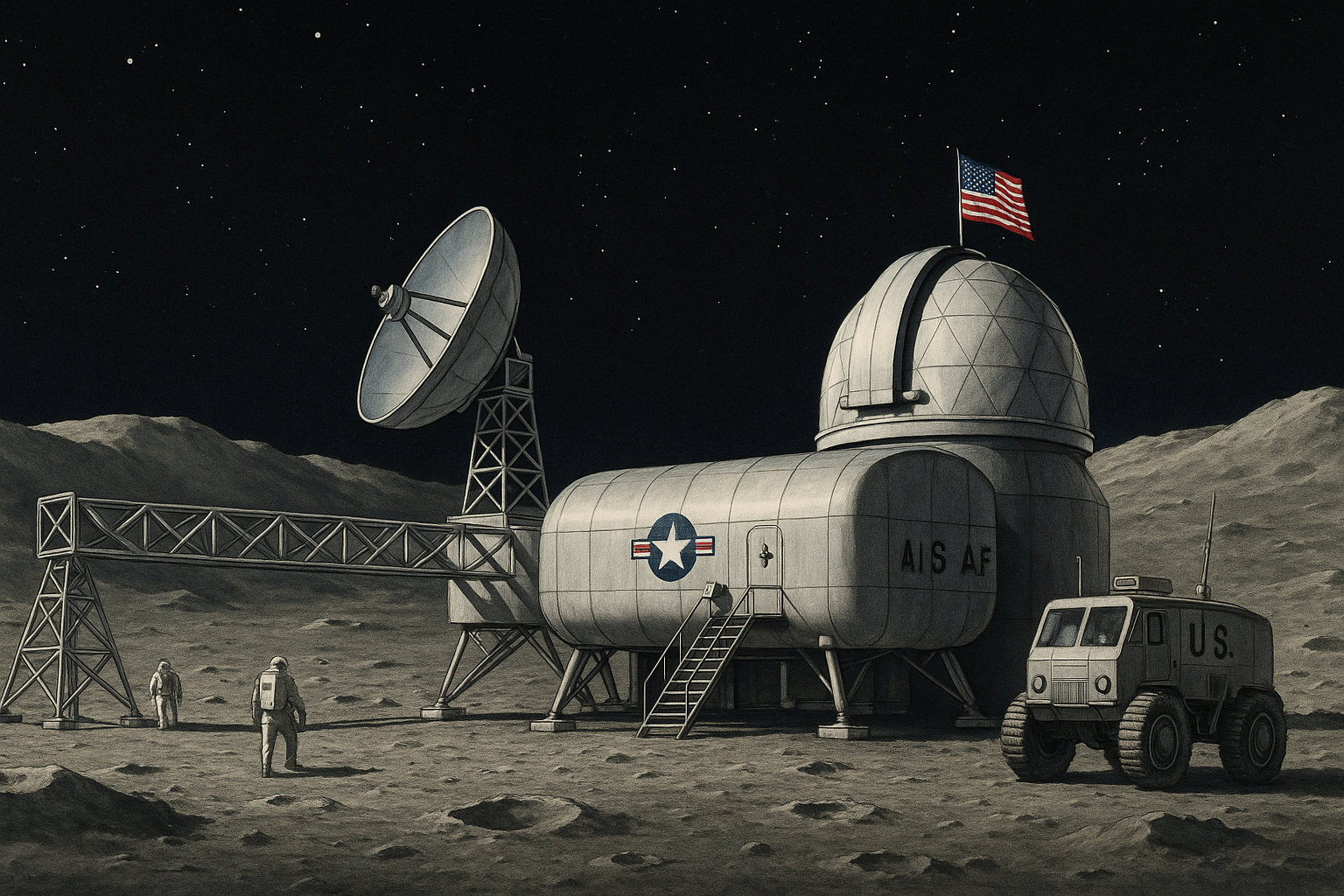 Une image conceptuelle créée par l'IA de ce à quoi la base lunaire de l'USAF aurait pu ressembler.