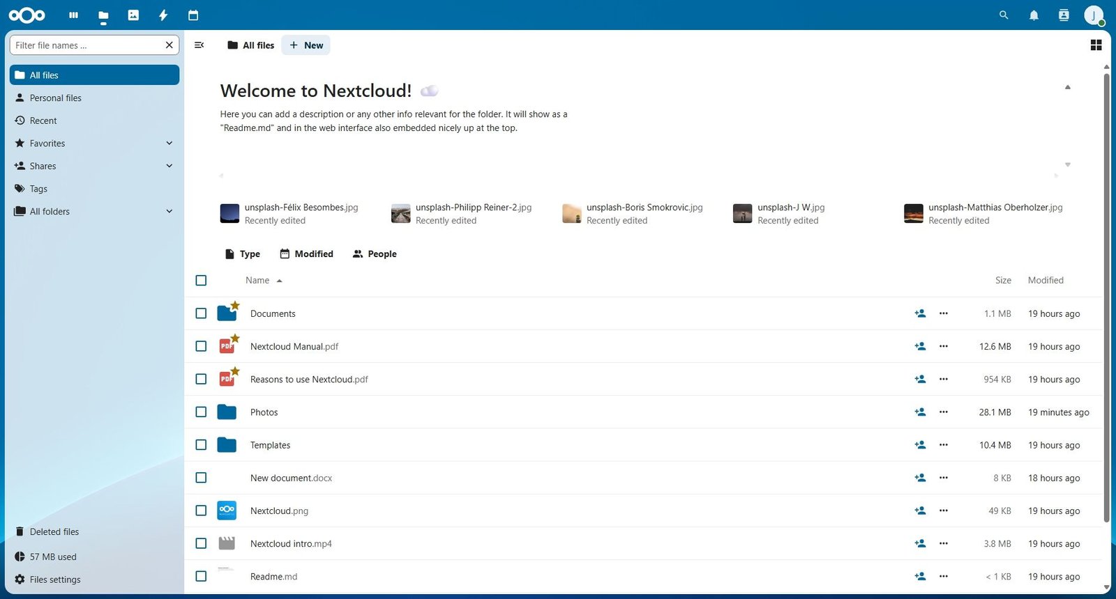 Écran principal des fichiers NextCloud