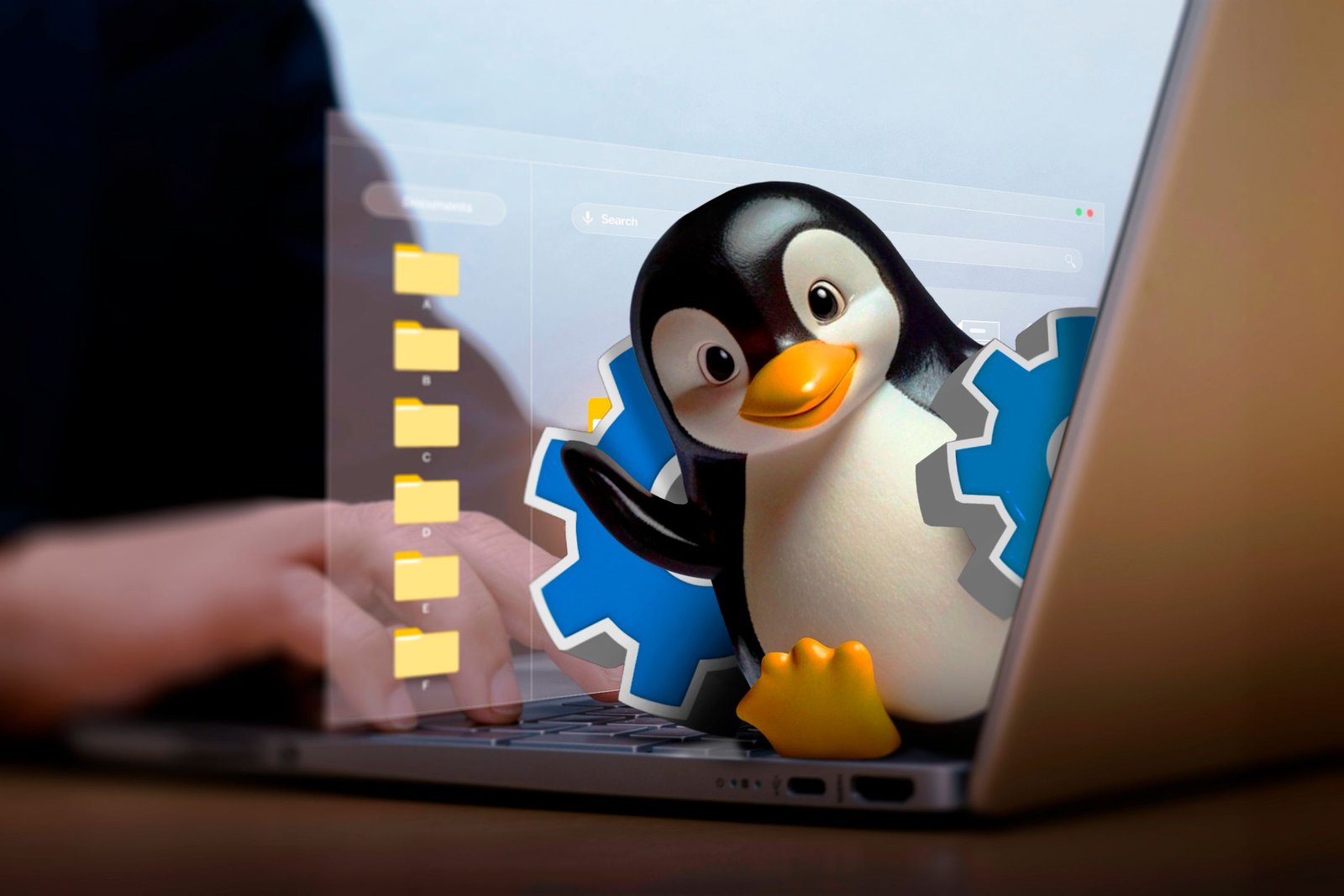 Une main utilisant un ordinateur portable et une mascotte Linux sortant de l'écran avec un équipement et quelques fichiers derrière.