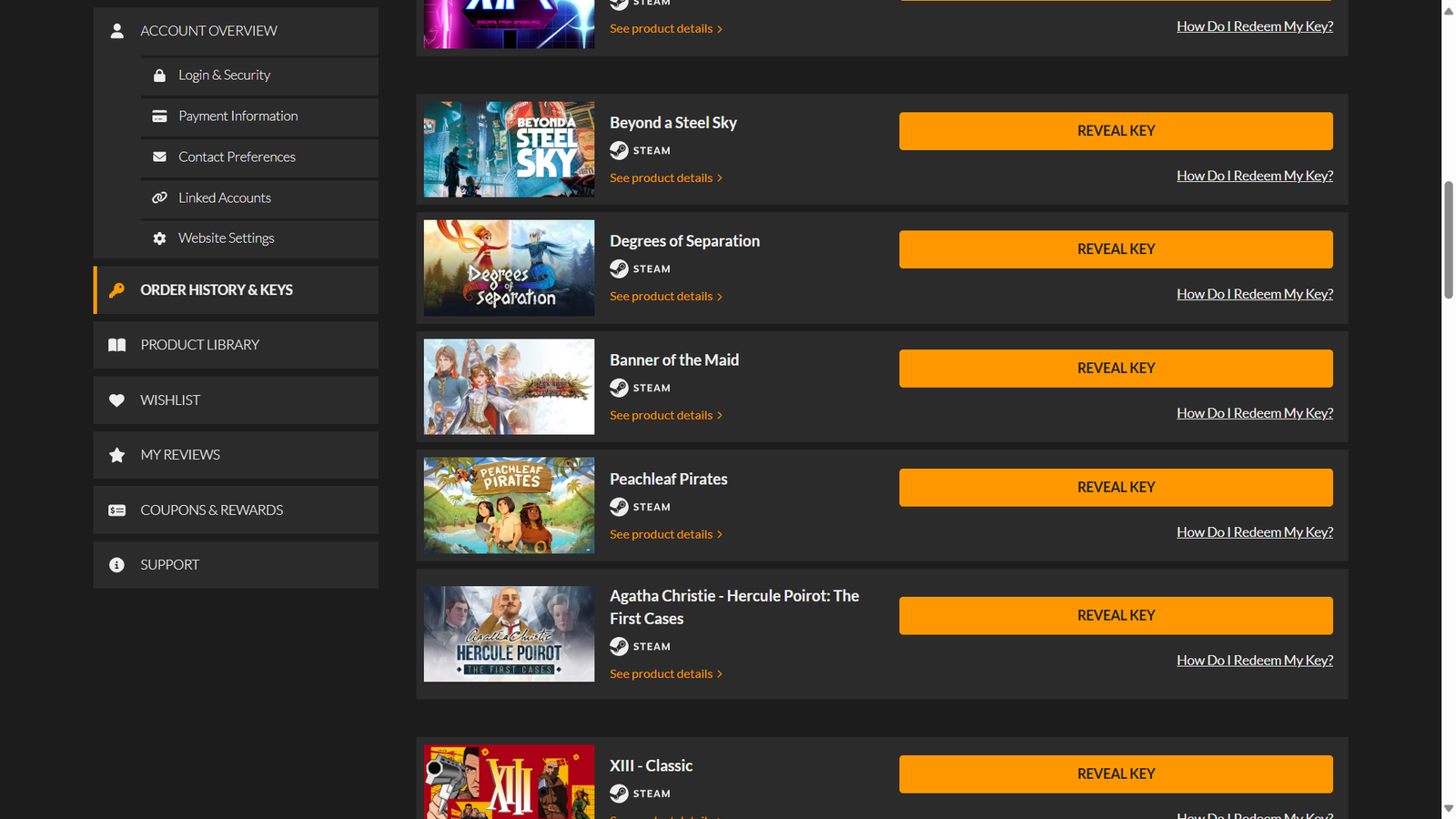 Une liste des clés de jeu achetées via Fanatical.