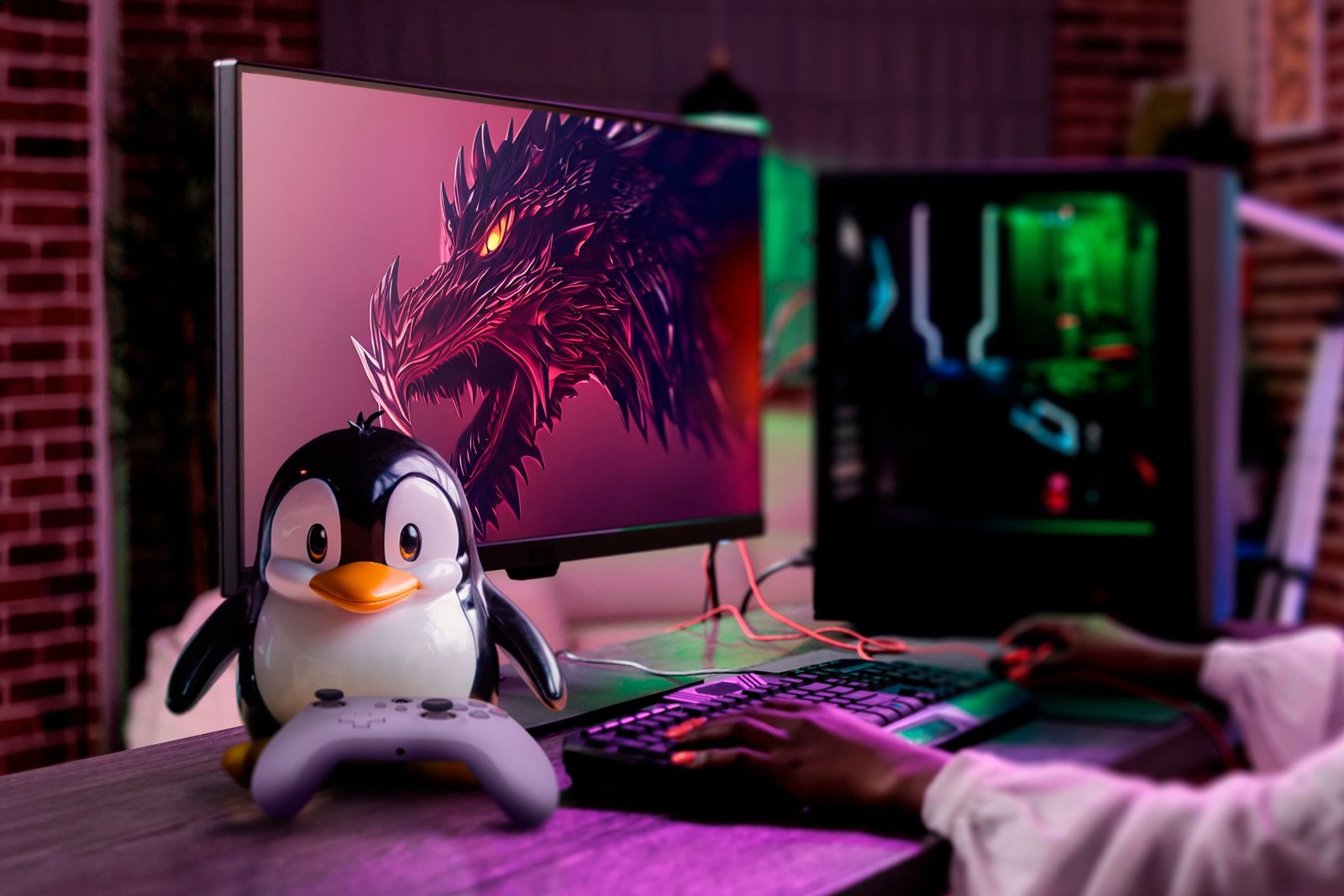 Un PC de jeu avec Garuda Linux sur l'écran et la mascotte de smoking avec un contrôleur à côté.