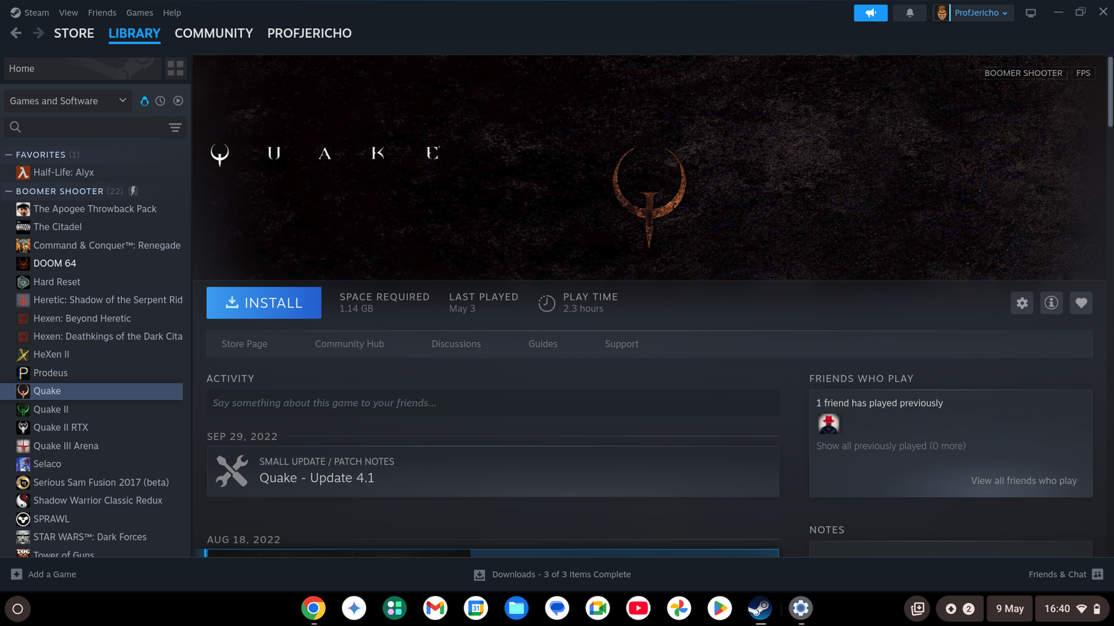 La fenêtre de la bibliothèque Steam dans Chrome OS.