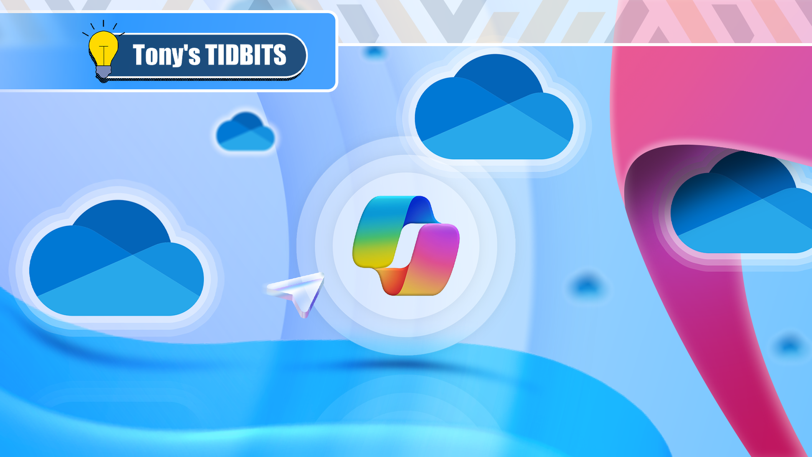 Le logo Copilot avec plusieurs logos OneDrive autour.