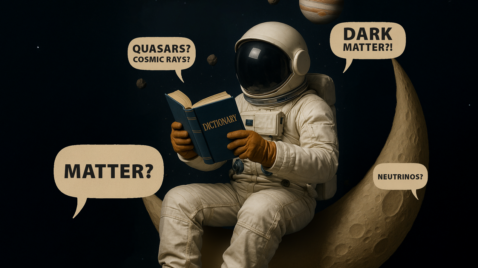 Un astronaute assis sur une lune décroissante tout en lisant un dictionnaire, avec des mots déroutants flottant.