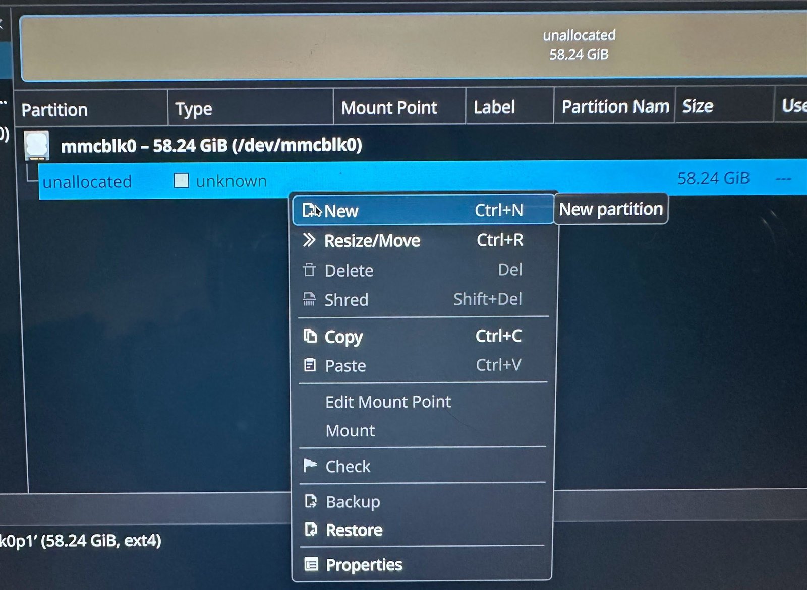 Création d'une nouvelle partition dans KDE.
